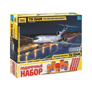1:144 Сборная модель ZVEZDA Российский авиалайнер ТУ-154М, подарочный набор