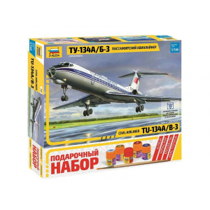 1:144 Сборная модель ZVEZDA Пассажирский авиалайнер Ту-134А/Б-3, подарочный набор